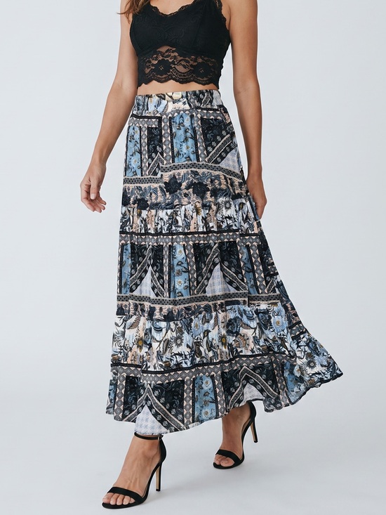Source Unknown Dresses & Skirts - ✨ 2 for $20 ✨ Patchwork-Print Tiered Maxi Skirt in Black & Blue